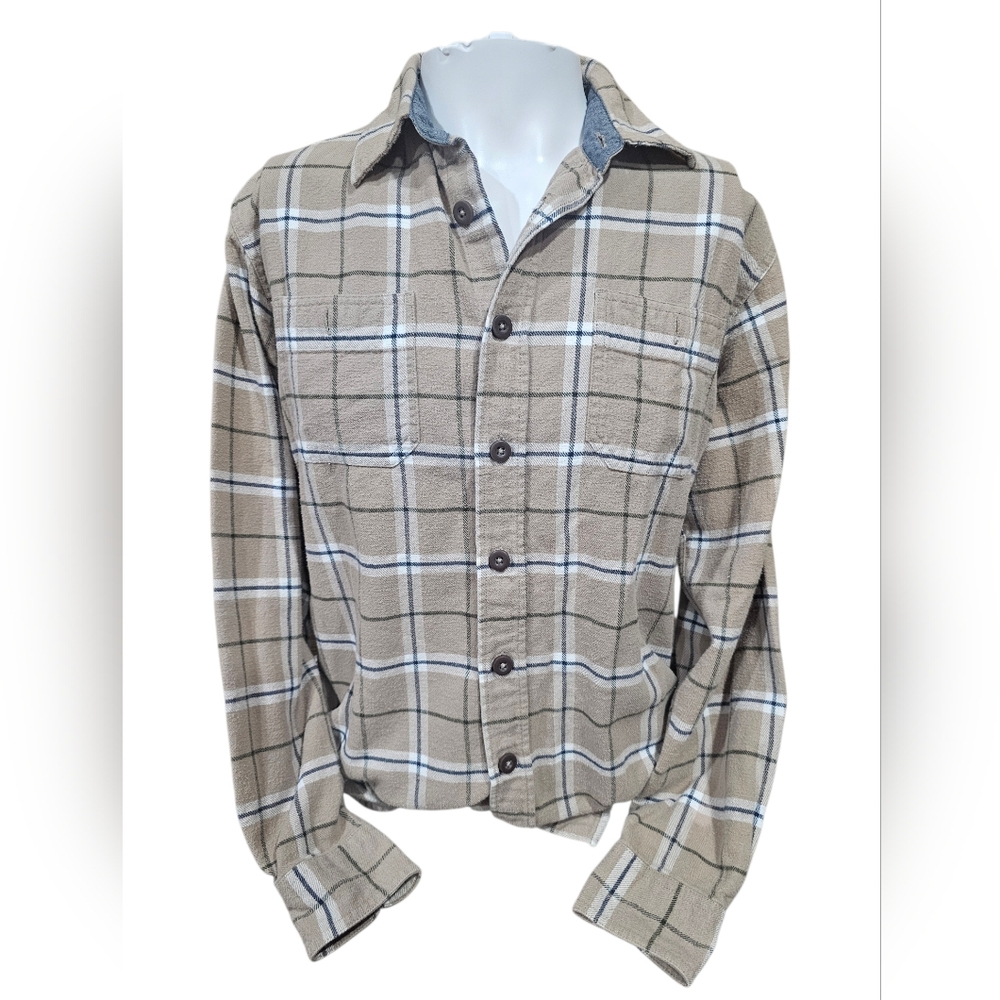 Wrangler Plaid Button Up Shirt Mens Medium Tan Blue Long Sleeve Western Flannel‎